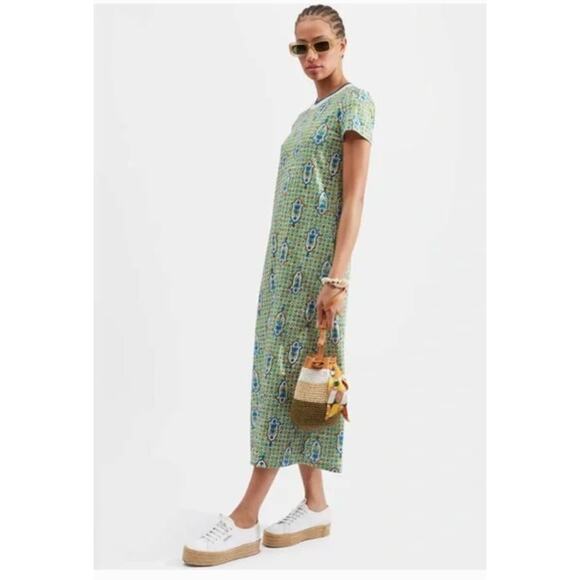 LA DOUBLEJ Sz XL Sporty Swing Dress Santachiara Green Blue Yellow Print Maxi - Picture 1 of 13